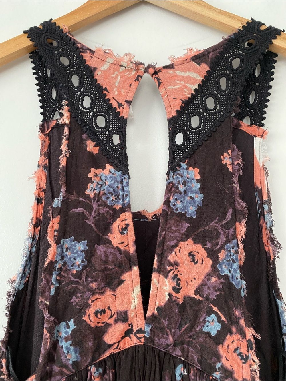 Free People Burgundy & Coral Floral Open Back Babydoll Dress Sz M Lace Boho Chic - Picture 9 of 14
